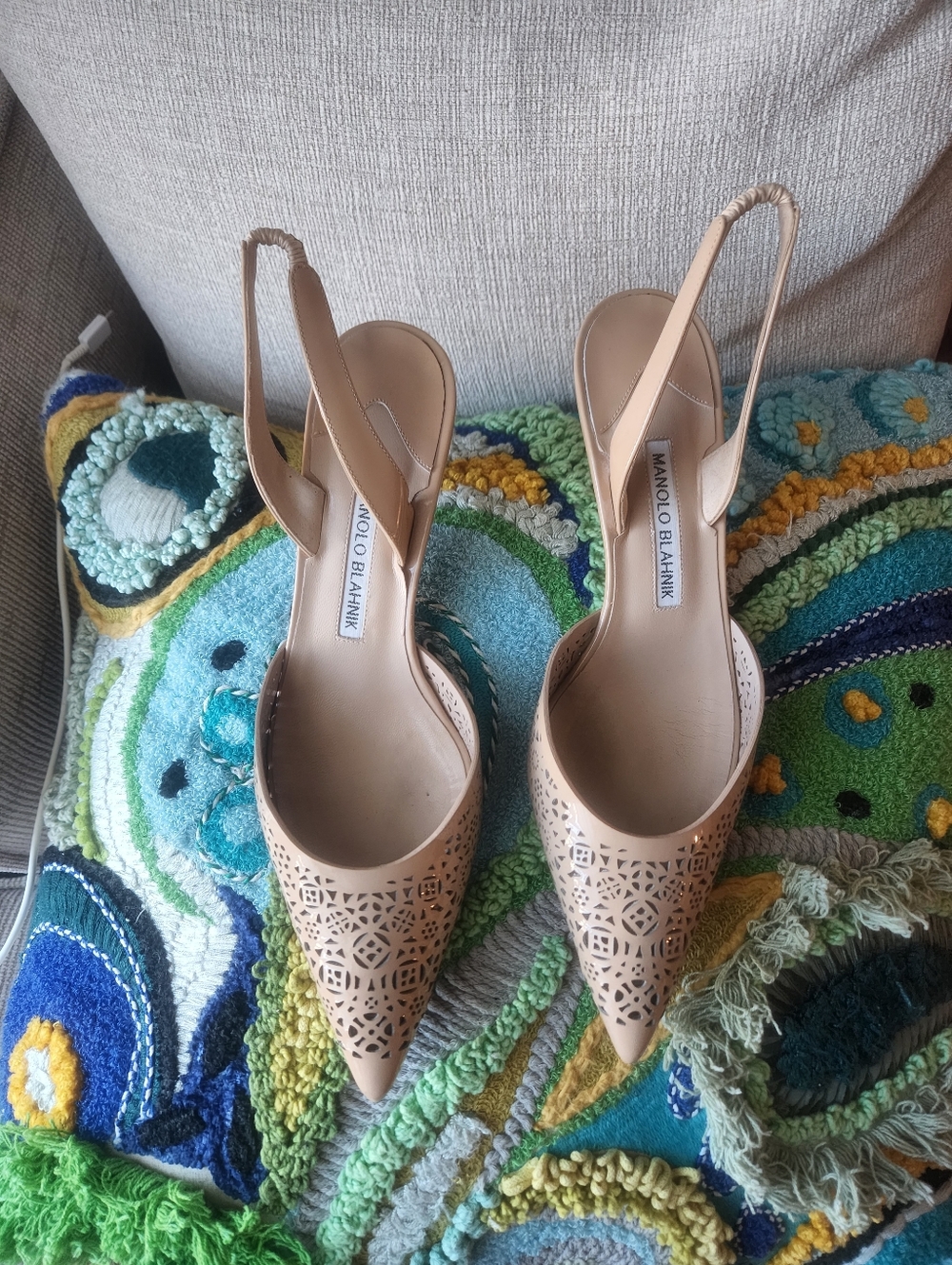 Manolo Blahnik Nude Laser-Cut Slingback Pumps